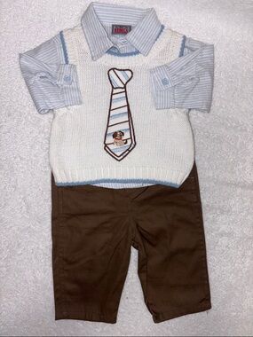 Baby rebels White & Light Blue Knit Vest Shirt Set with Brown Pants nwot 0/3m